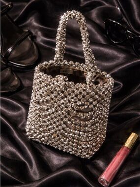 Y2K Silver Beaded Mini Bag Italy Metallic Evening Purse Vintage Glam